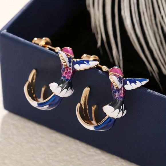 Whimsical Hand Painted Blue and Purple Birds of Paradise Hoop Earrings - Picture 3 of 16